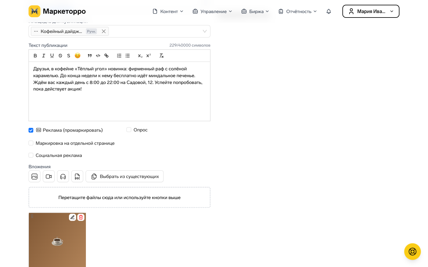 Заполненная форма публикации: текст поста, прикреплённое изображение и выбранная площадка